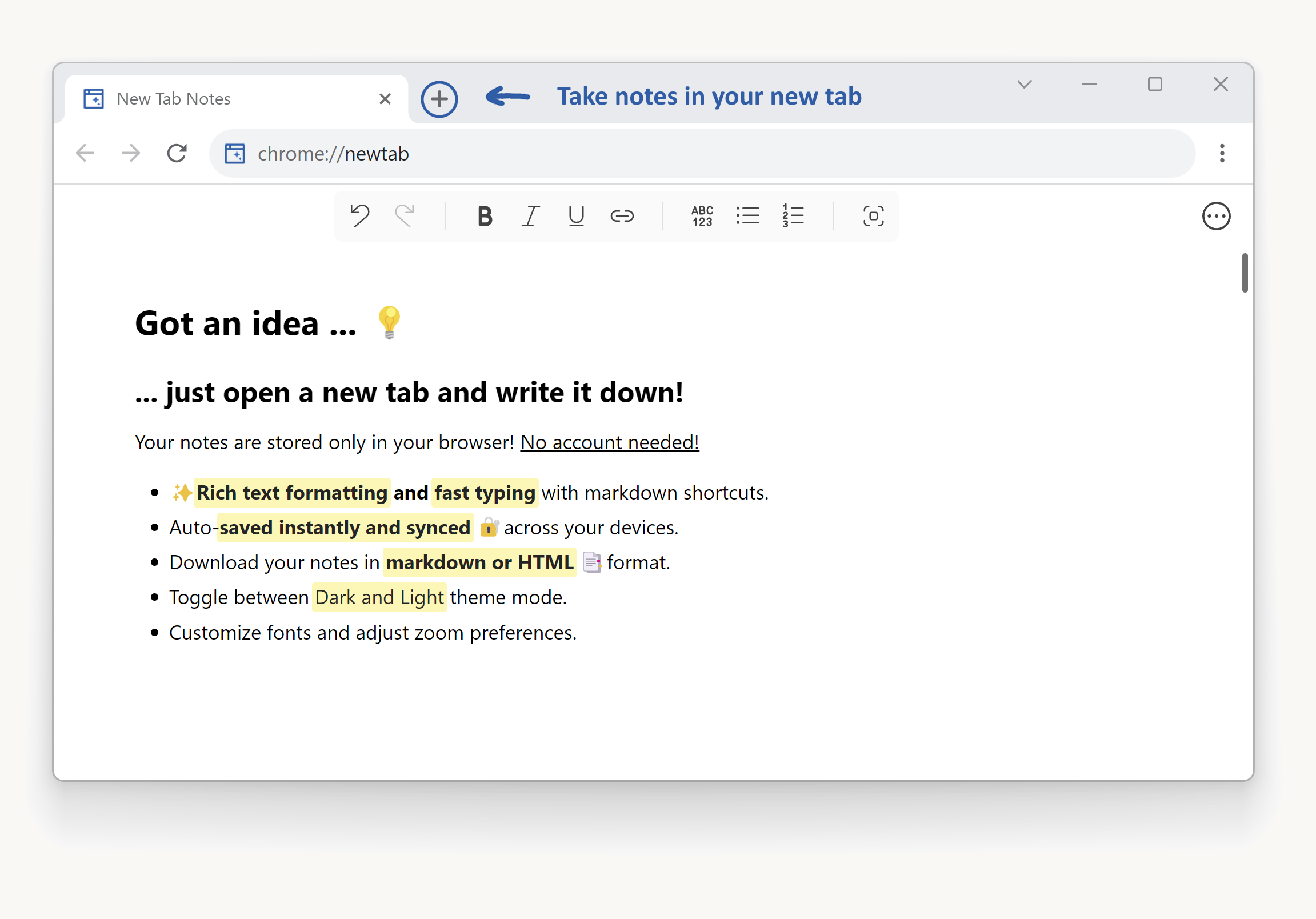 New Tab Notes extension text editor inside new tab in Chrome