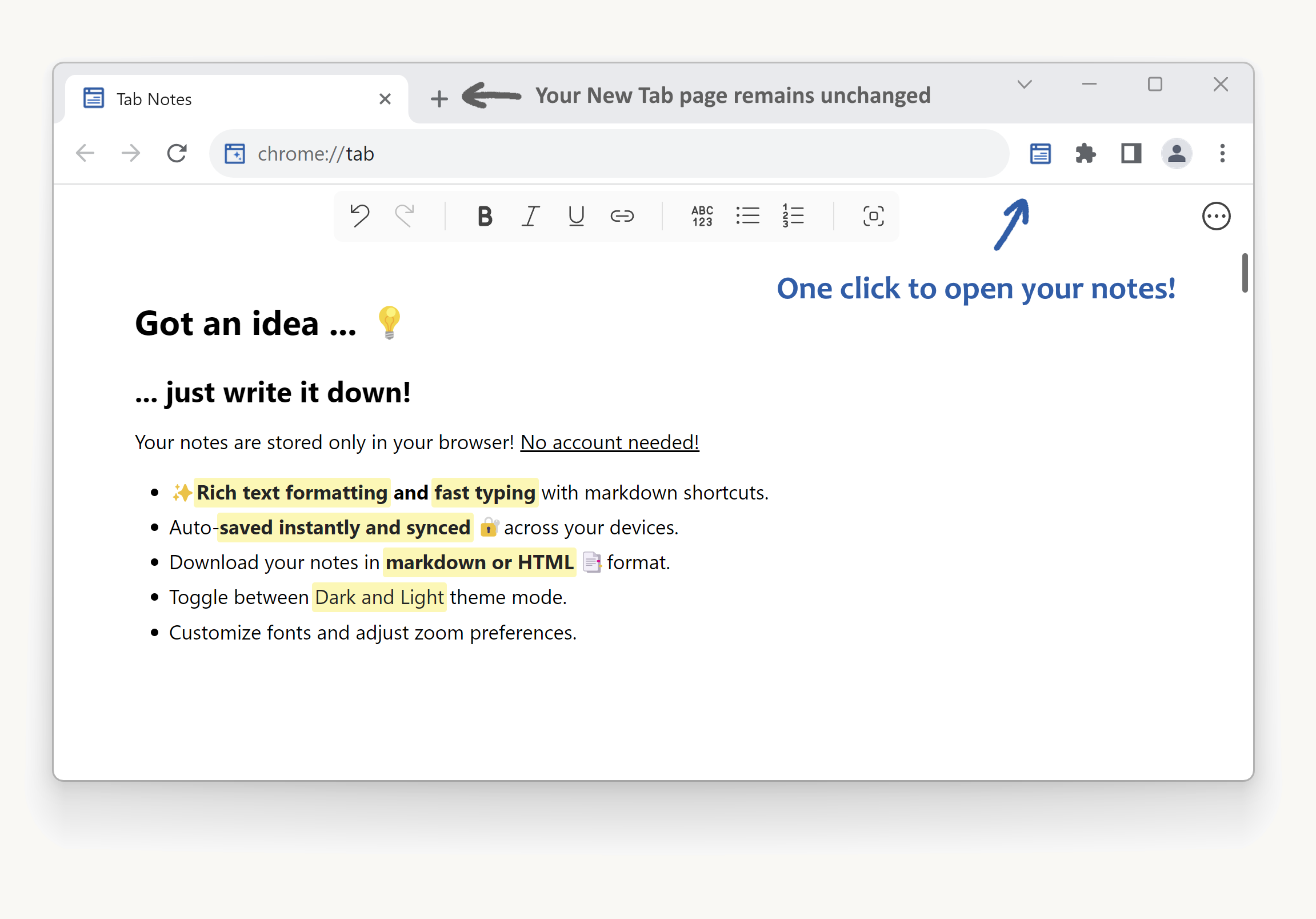 Notepad extension text editor inside a tab in Chrome